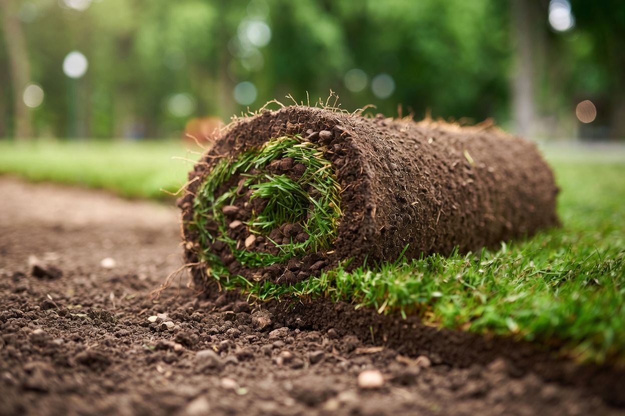 Ferdigplen-rull med jord og gress klar for utlegging i Mandal